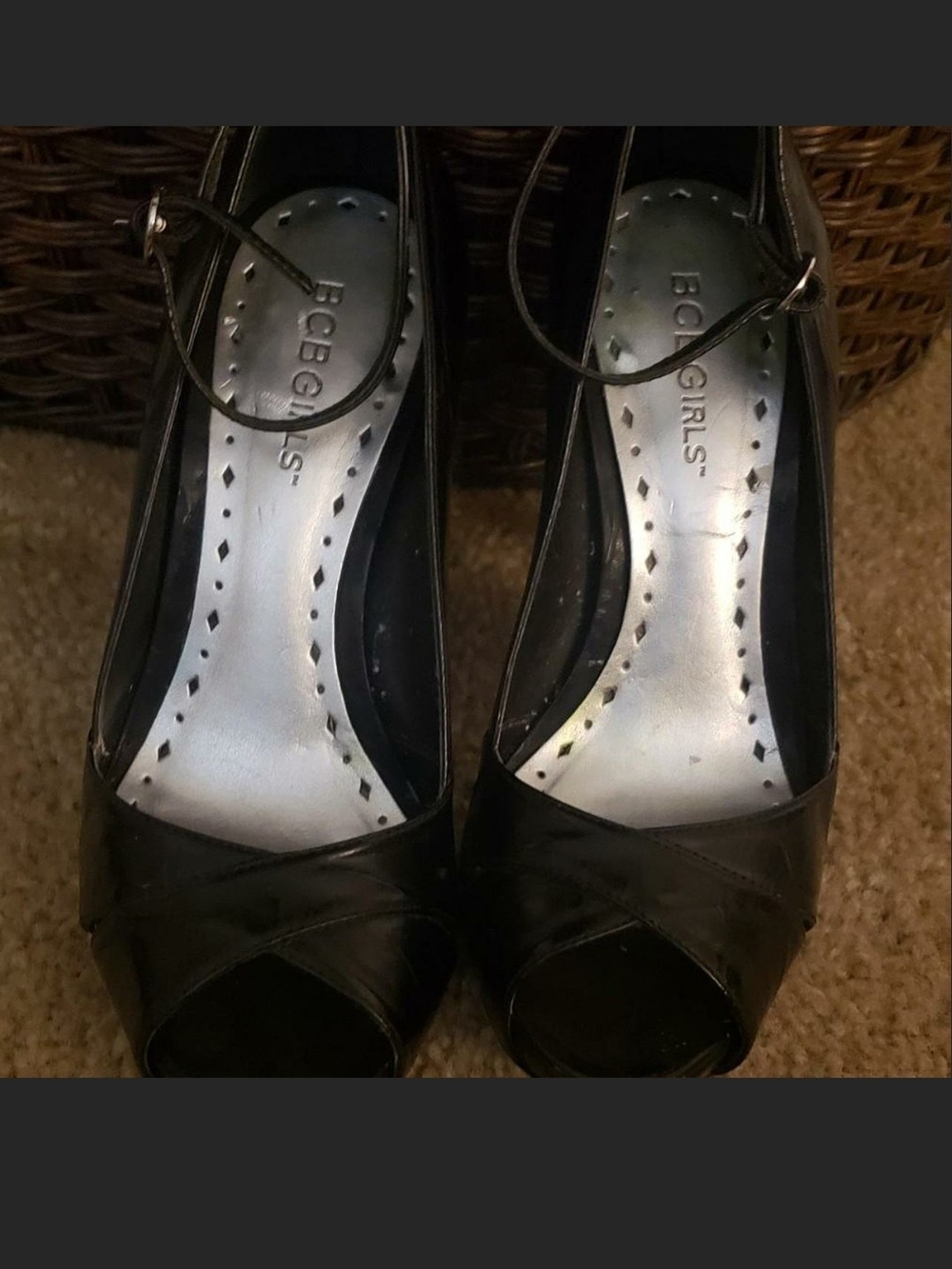 BCBGirls Black Peep-Toe Ankle-Strap Heels